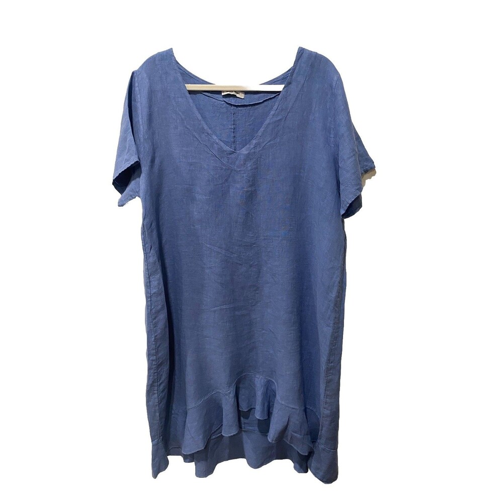 Meo Meli 100% Linen Dress Womens OS Blue Oversized V-Neck Lagenlook Ruffle Hem